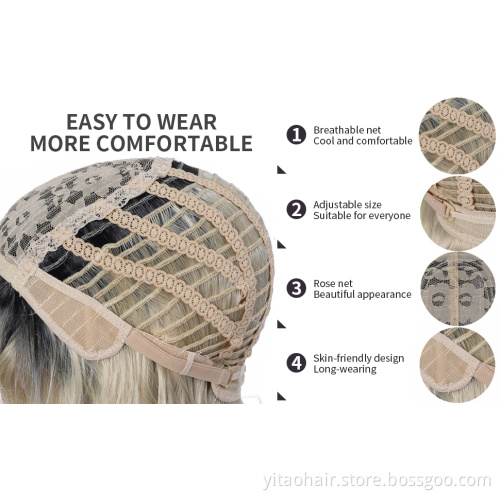 Wavy Blonde Ombre Synthetic Wigs Curly Short Bob Wig with Bangs Heat Resistant Hair 14" Shoulder Length Blond Wig for Women